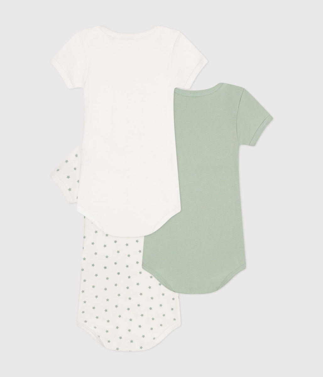 set van 3 katoenen body's met korte mouwen - groen/ster/wit