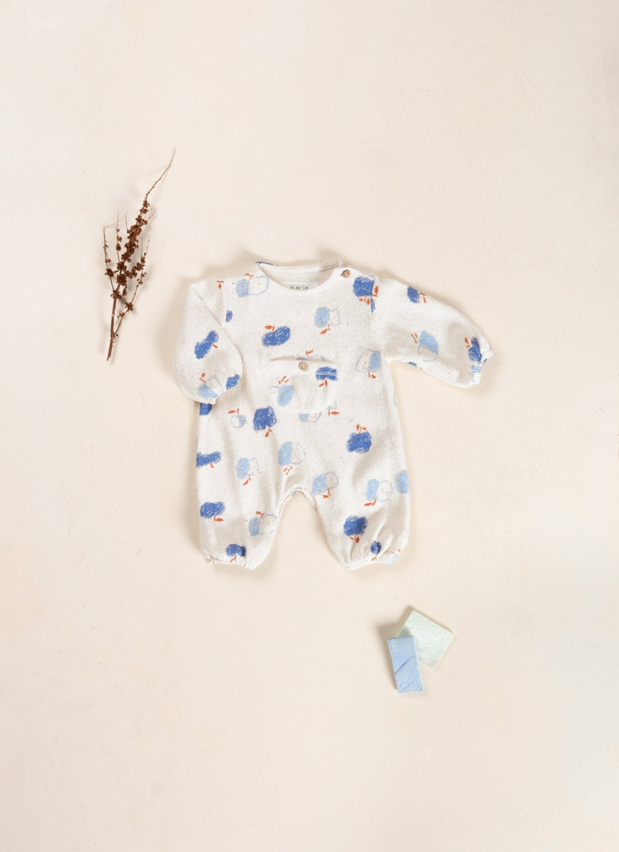 printed jersey jumpsuit - apples - blue