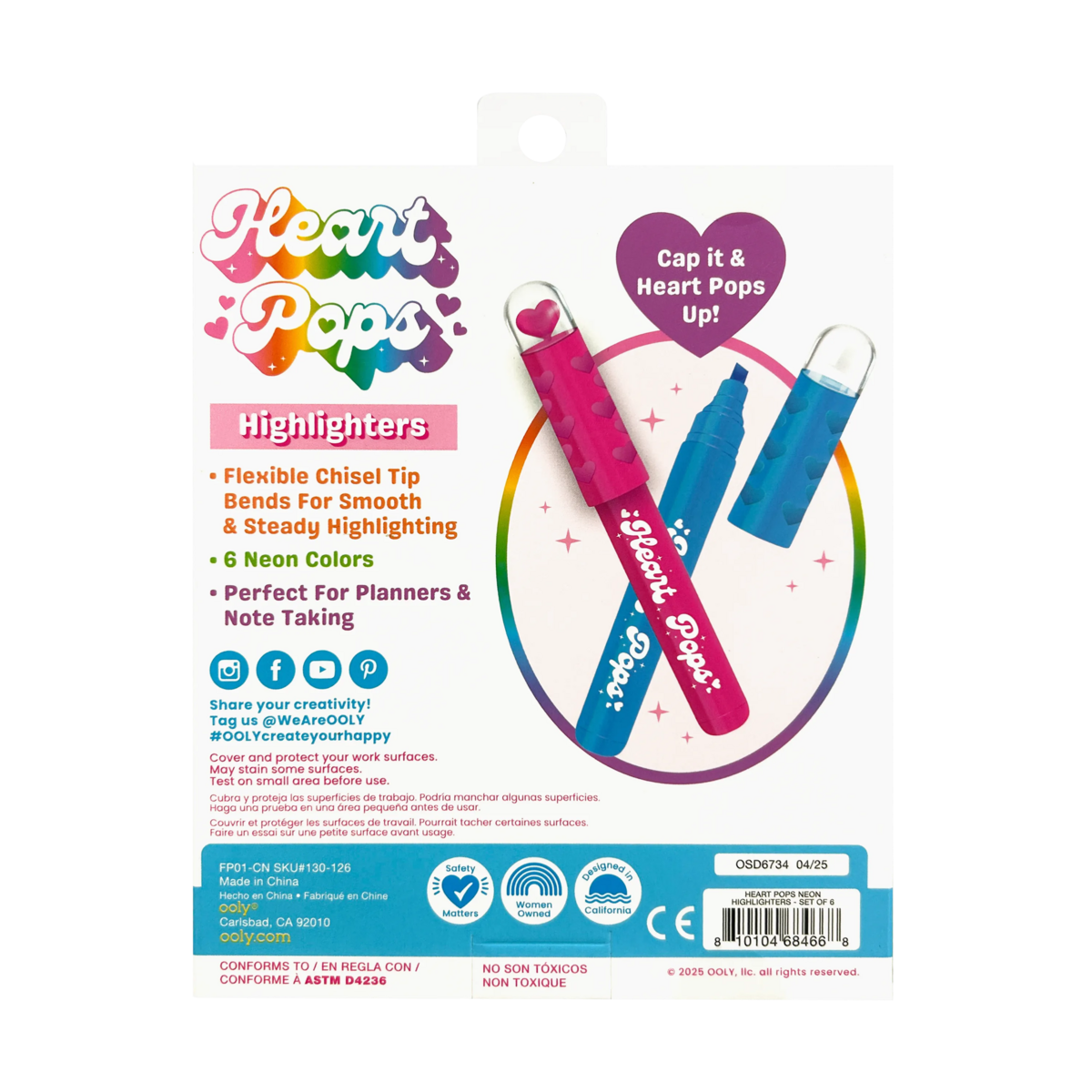 heart pops neon markeerstiften - set van 6