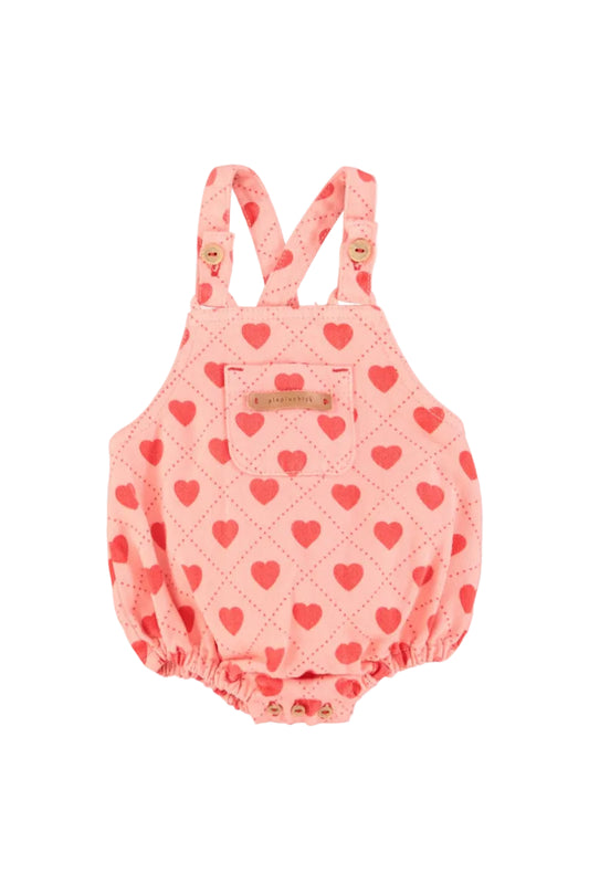 baby romper - pink with red hearts allover