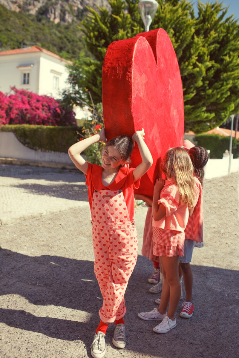 dungarees - pink with red hearts allover