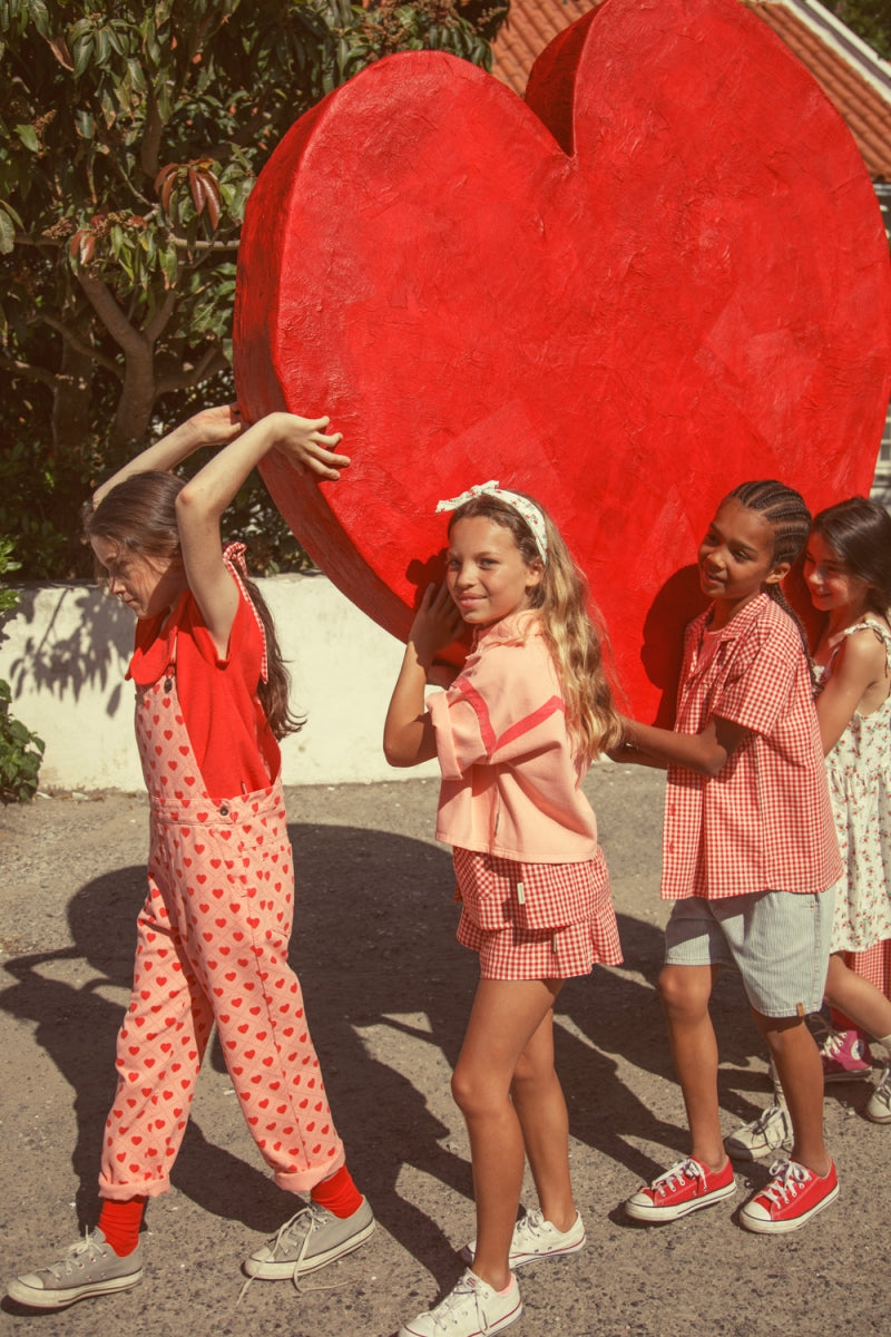 dungarees - pink with red hearts allover