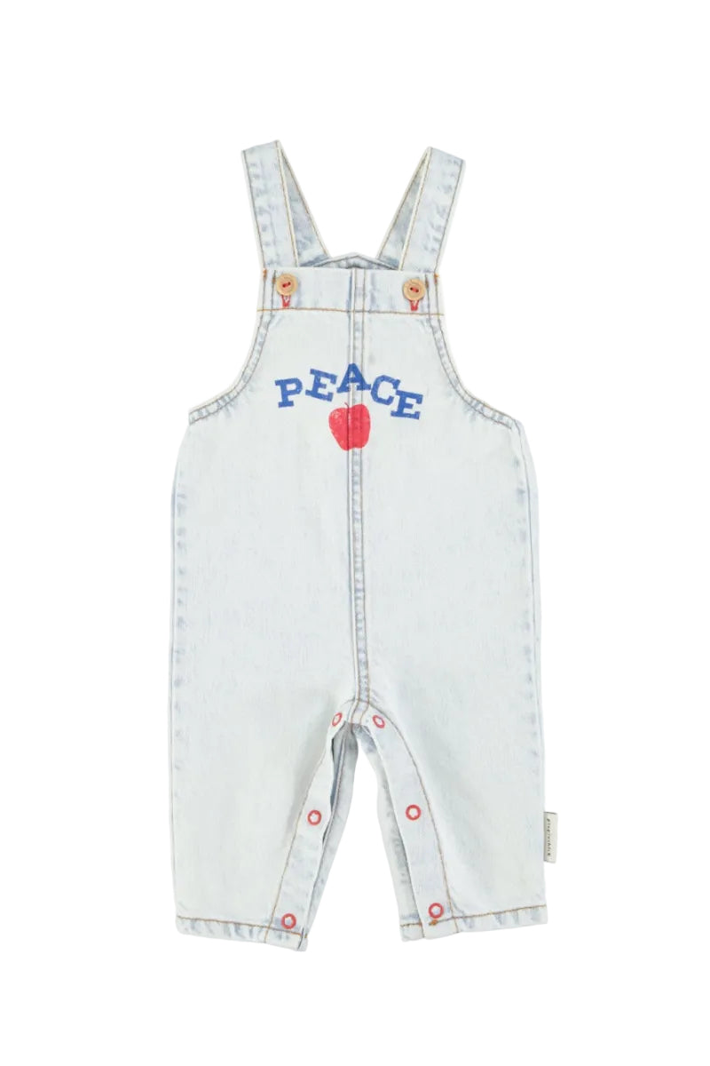 baby dungarees - washed light blue denim - peace print