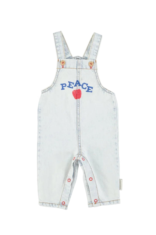 baby dungarees - washed light blue denim - peace print