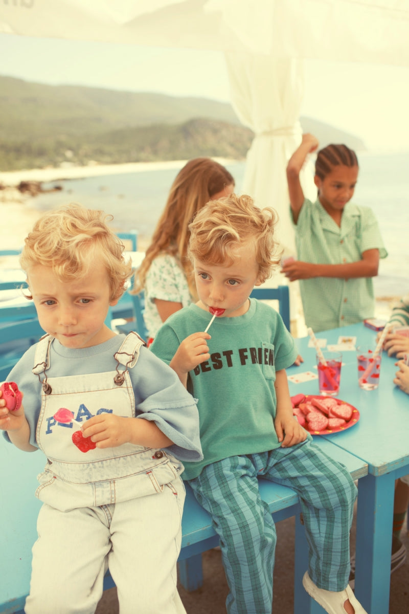 baby dungarees - washed light blue denim - peace print