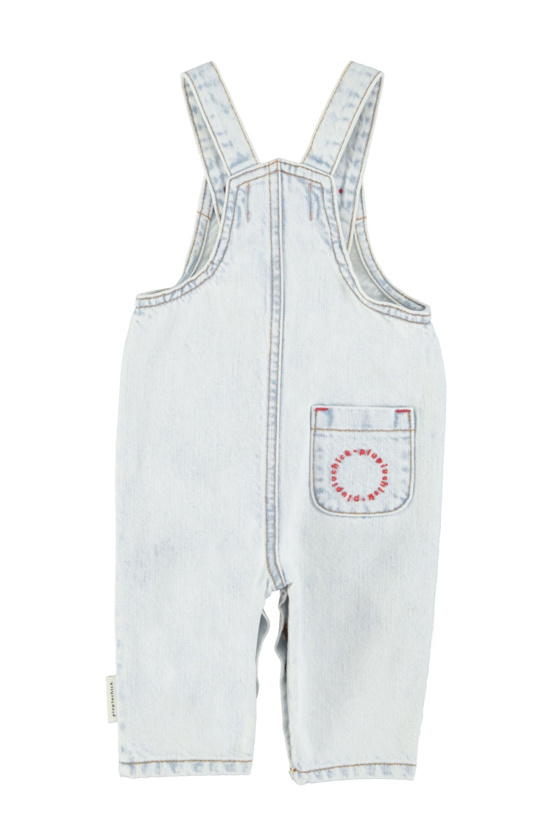 baby dungarees - washed light blue denim - peace print