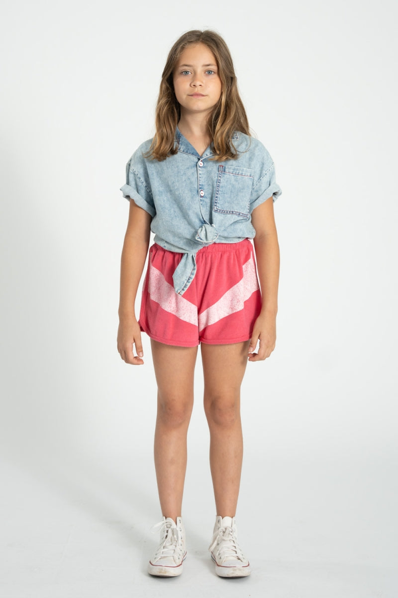 terry shorts - pink & white stripes print