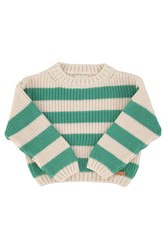knitted sweater - ecru & green stripes