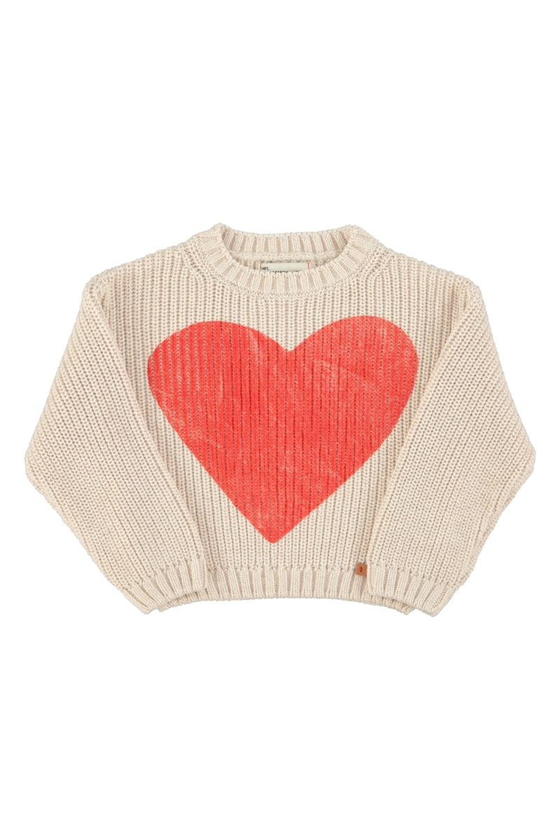 knitted sweater - ecru with red heart print