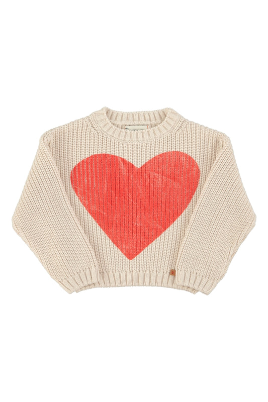 knitted sweater - ecru with red heart print