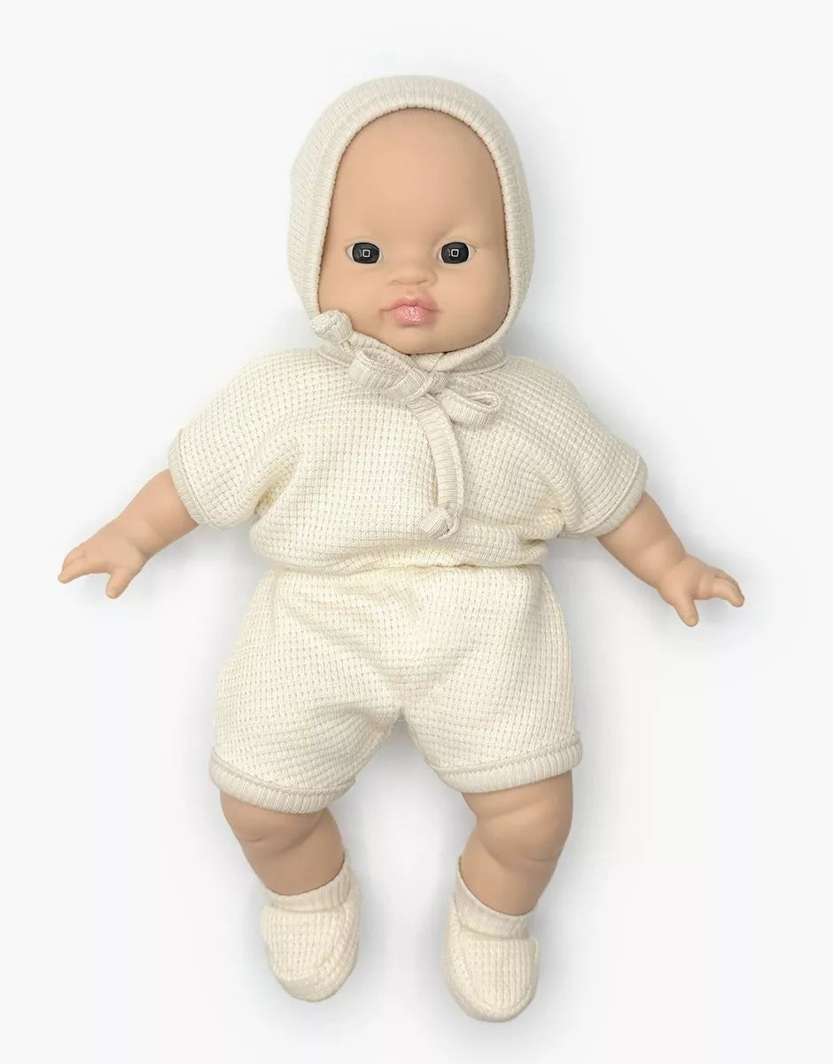 kledij kleine pop - romper honingraat met mutsje en pantoffels