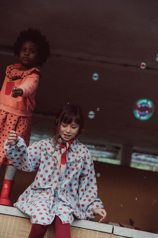 denim short dress - red dots