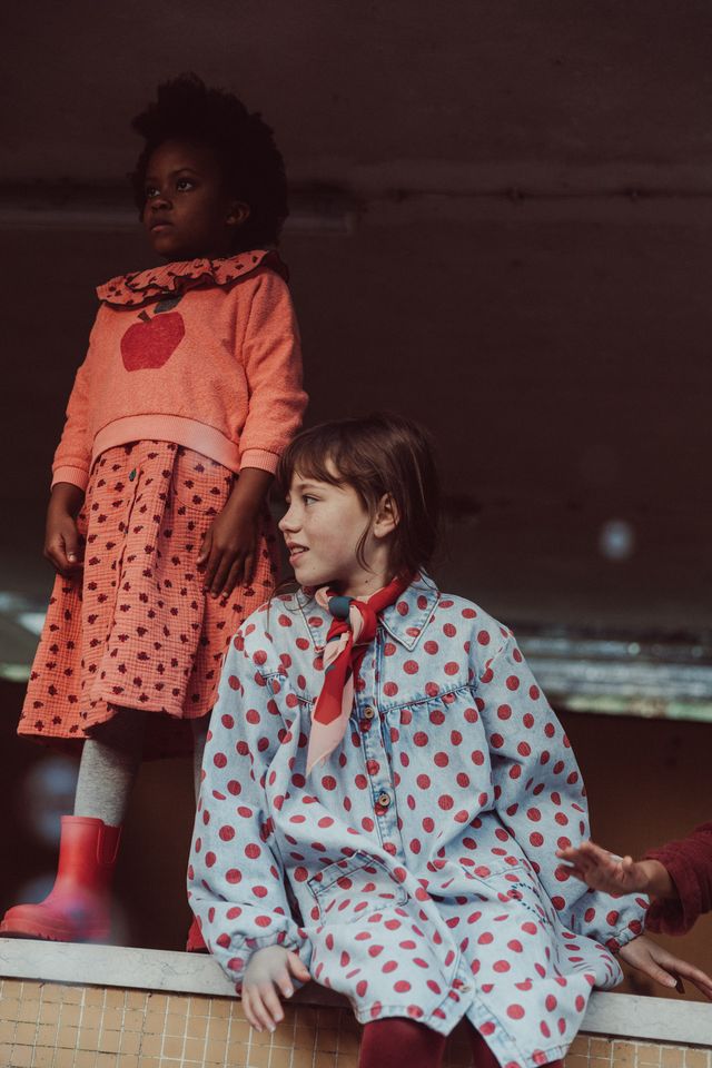 denim short dress - red dots