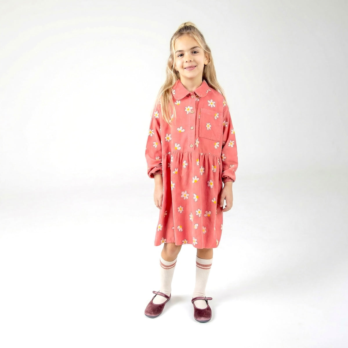 corduroy dress - daisies allover - coral