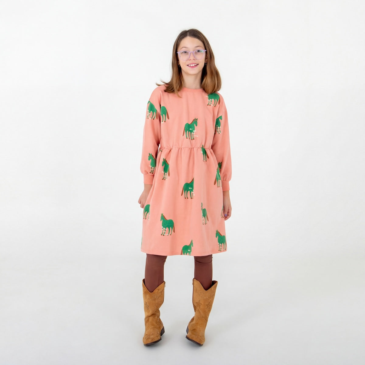 sweater dress - horses allover - peach rose