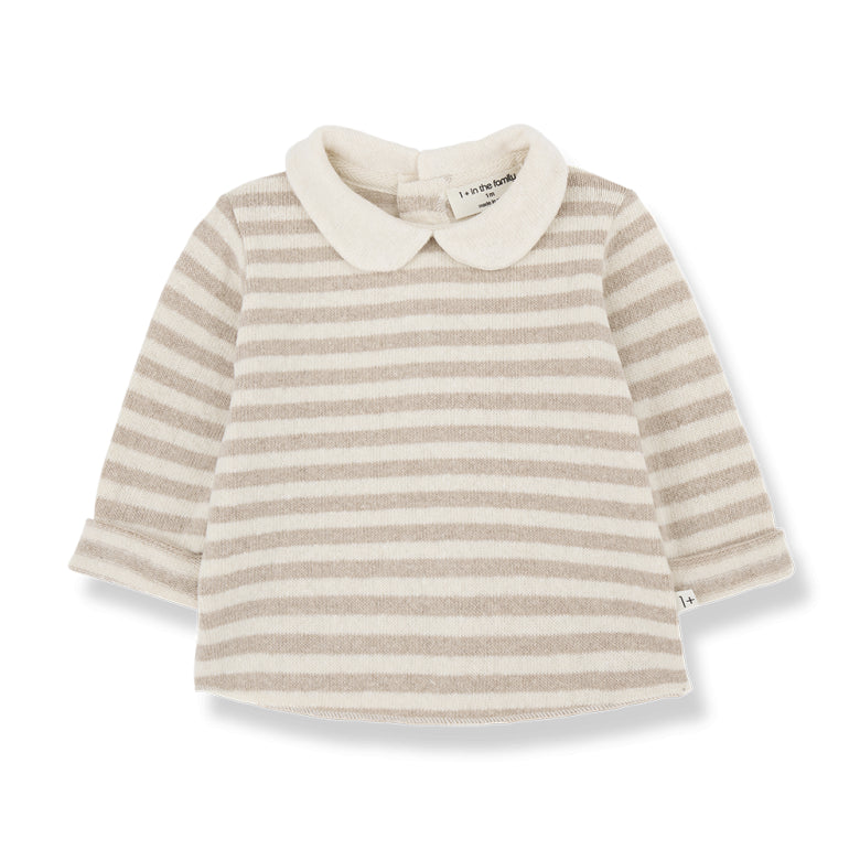 soft fleece striped long sleeve shirt with collar - alizee -beige